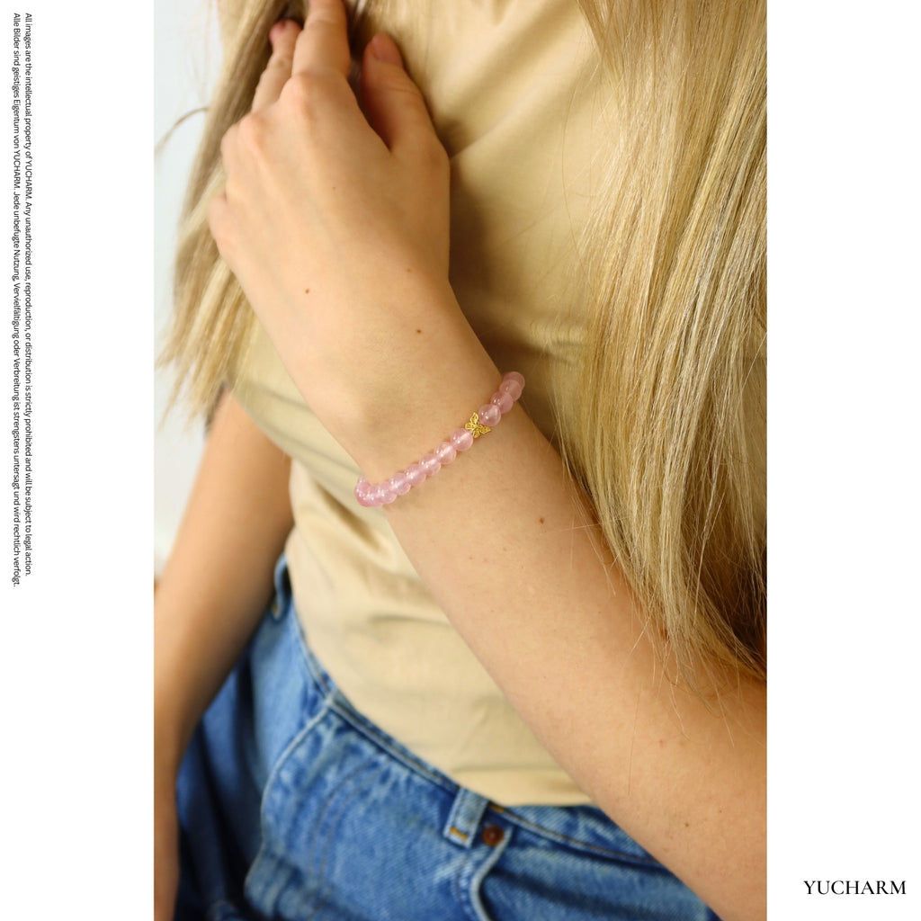 Rosenquarz und 24K Vergoldeter Silber-Schmetterling Armband