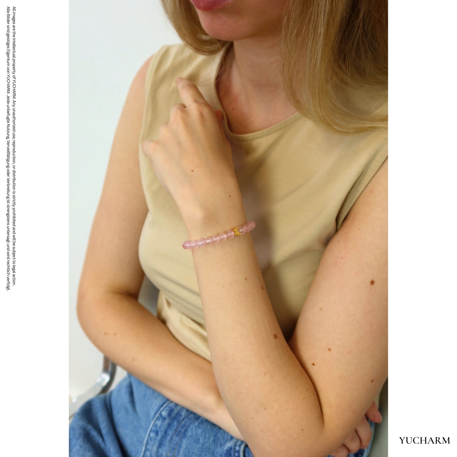 Rosenquarz und 24K Vergoldeter Silber-Schmetterling Armband