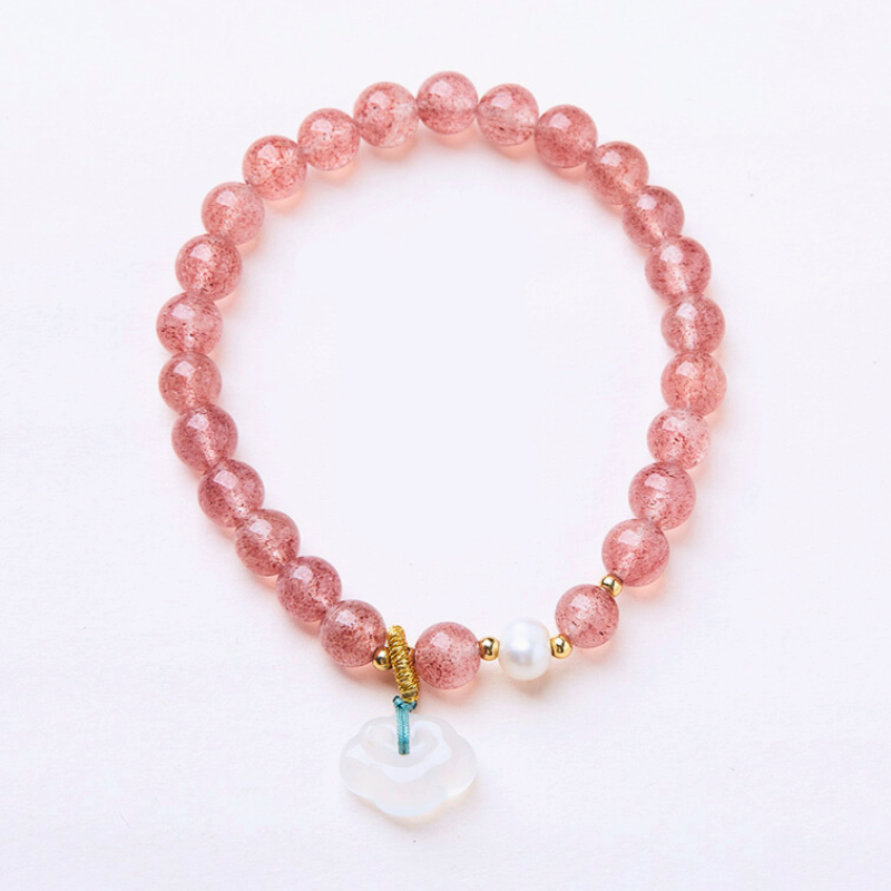 6 mm Erdbeer-Kristall-Chalcedon-Ruyi-SchlossXiaohongshus beliebtes natürliches Erdbeerkristall-Armband für Frauen, neues High-End-Rosa-Kristallarmband im chinesischen Stil für den Geschenkgroßhandel