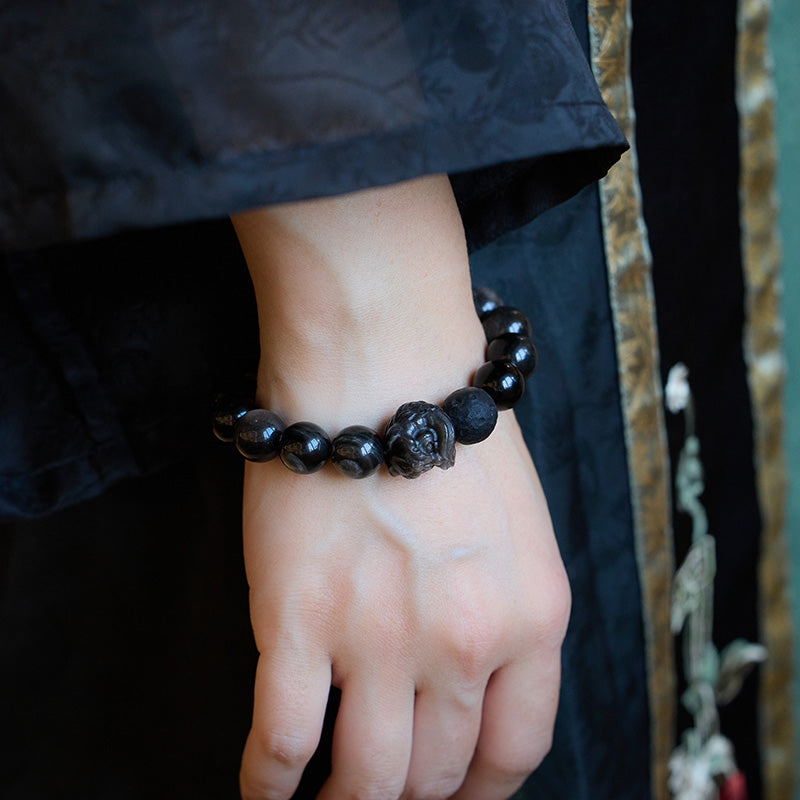 Natürliche silberne Obsidian-Löwen-Erwachens-Armbänder, Meteorit-Planeten-Obsidian-Design-Armbänder für Männer und Frauen, Paare, Armbänder im Großhandel