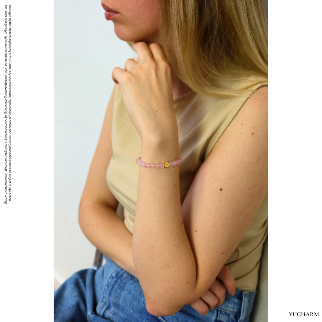 Rosenquarz und 24K Vergoldetes Silber-Kleeblatt Armband