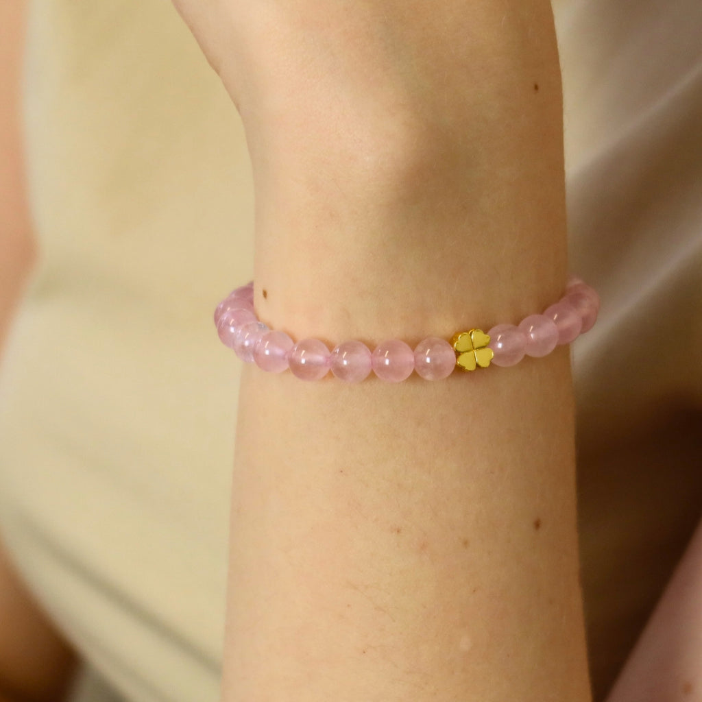 Rosenquarz und 24K Vergoldetes Silber-Kleeblatt Armband