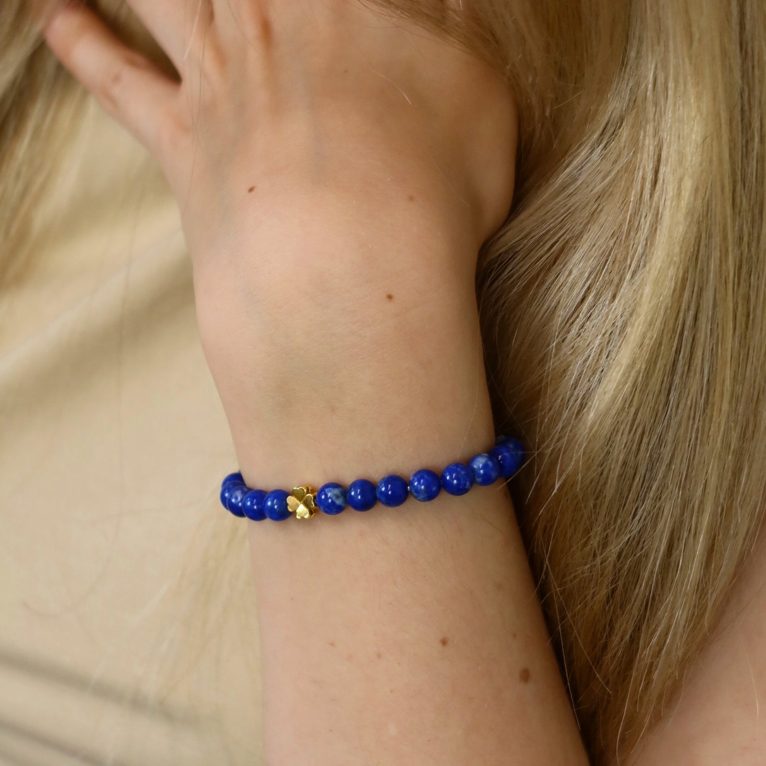 Lapis Lazuli und 24K Vergoldetes Silber-Kleeblatt Armband