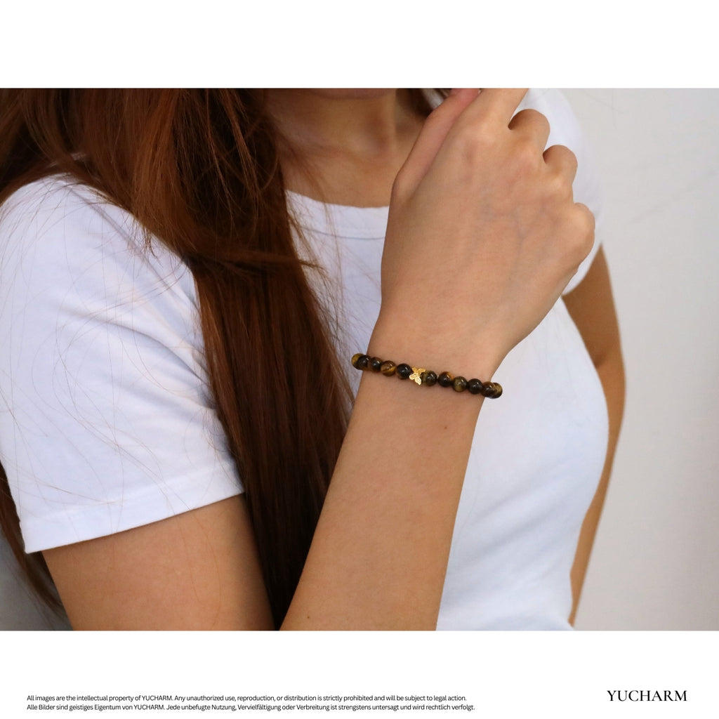Tigerauge und 24K Vergoldeter Silber-Schmetterling Armband