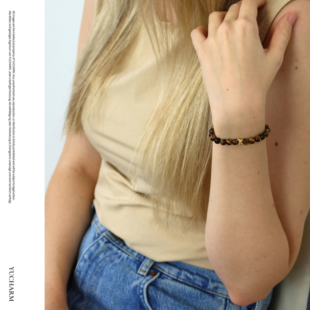 Tigerauge und 24K Vergoldeter Silber-Schmetterling Armband