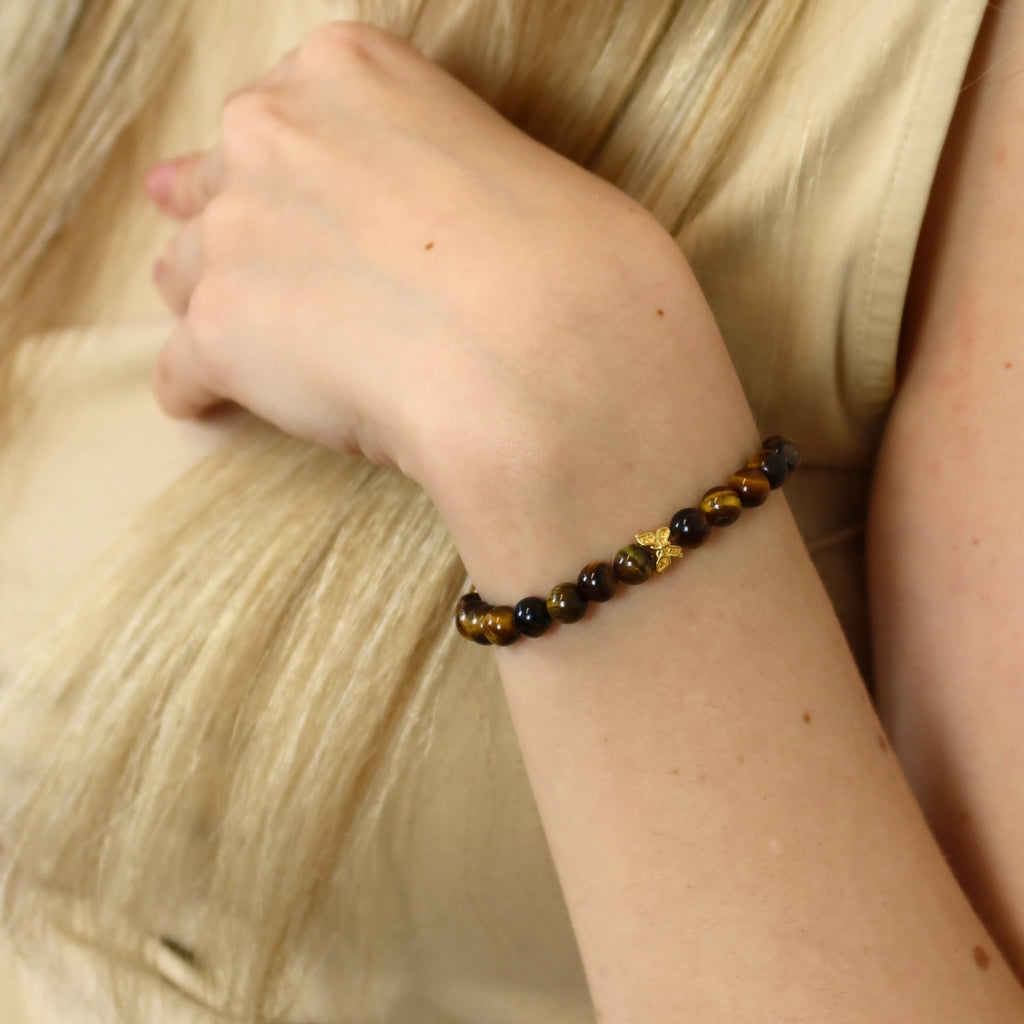 Tigerauge und 24K Vergoldeter Silber-Schmetterling Armband