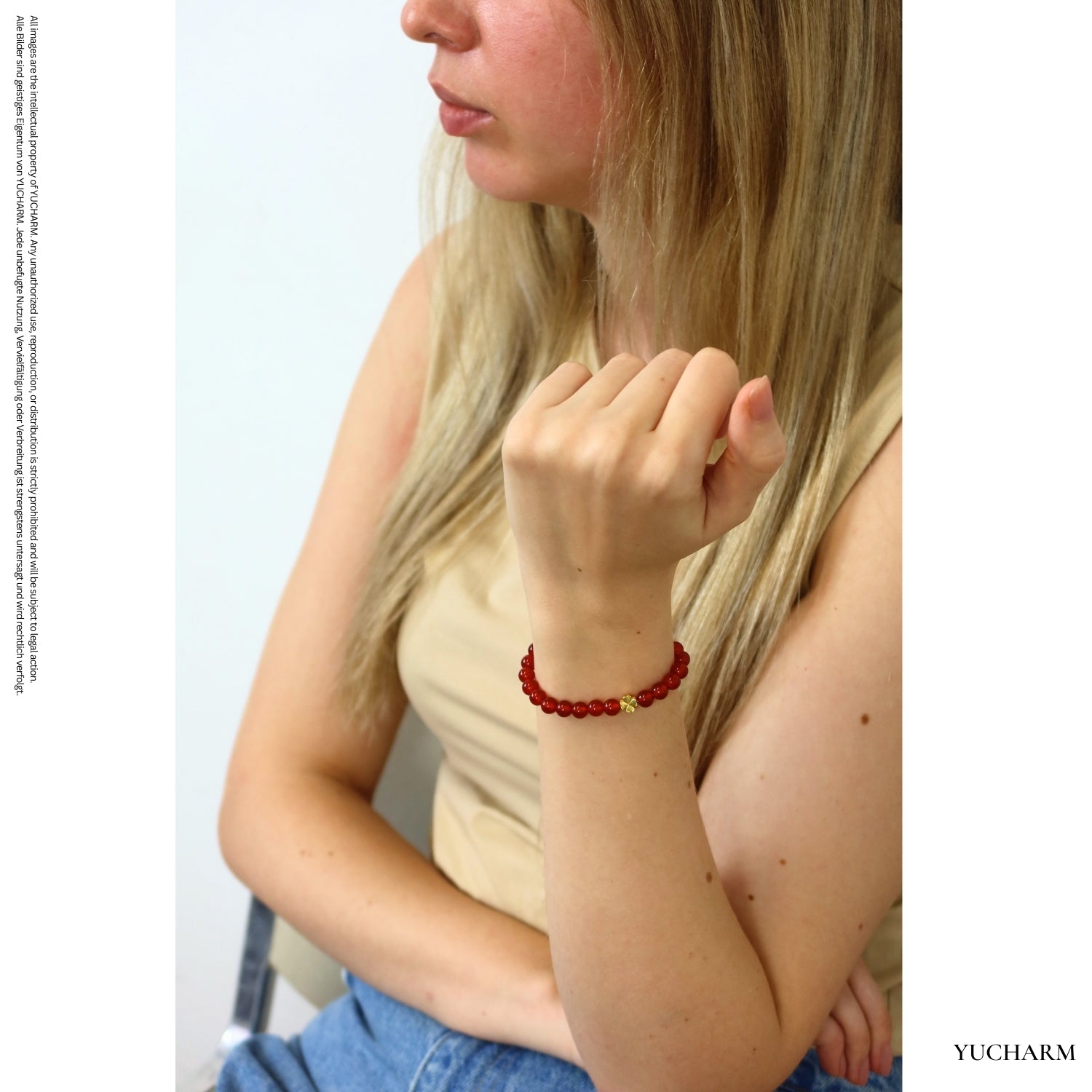 Roter Achat und 24K Vergoldetes Silber-Kleeblatt Armband