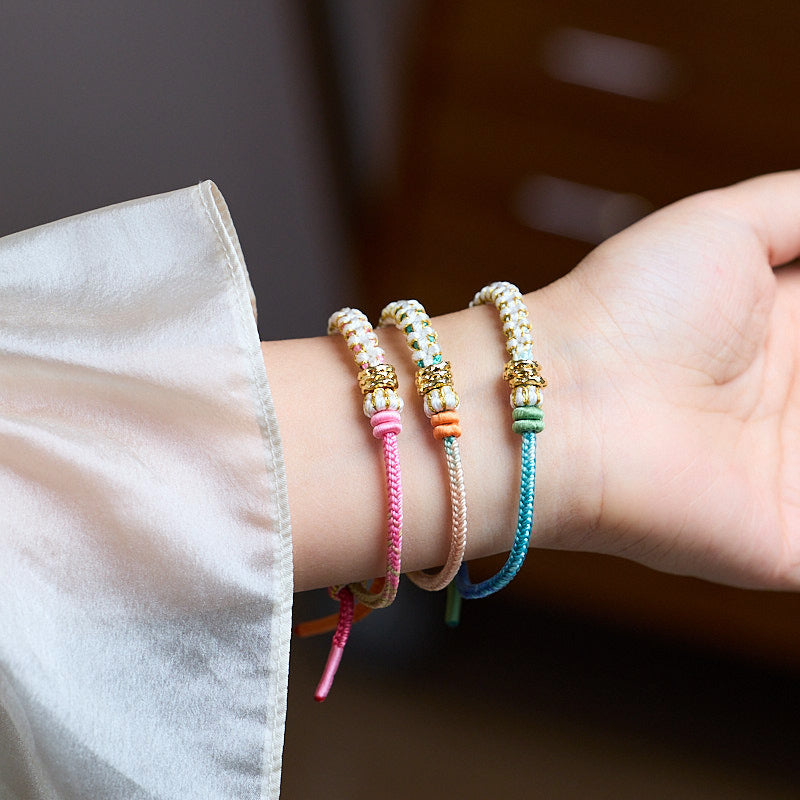 【Rosa】Taozhiyaoyao Achtsträngiges Seil-Armband mit Farbverlauf, Pfirsichblütenknoten, Schmuck für die beste Freundin, weibliche halbfertige DIY-Schnur und gewickeltes Goldarmband