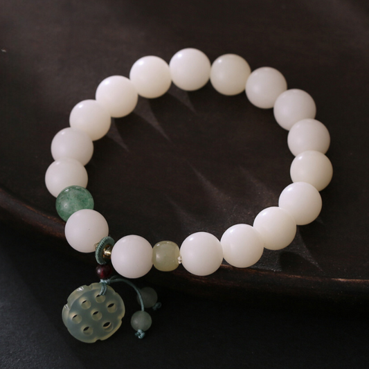 10 mm runde Perlen, Lotuswurzel, Tiancheng-Lotuswurzelscheiben-Stil Xiaohongshus beliebtes natürliches Bodhi-Armband aus weißer Hainan-Jade, Glücksbringer, Pfirsich-Sicherheitsschnalle, DIY-Design-Armband im Großhandel