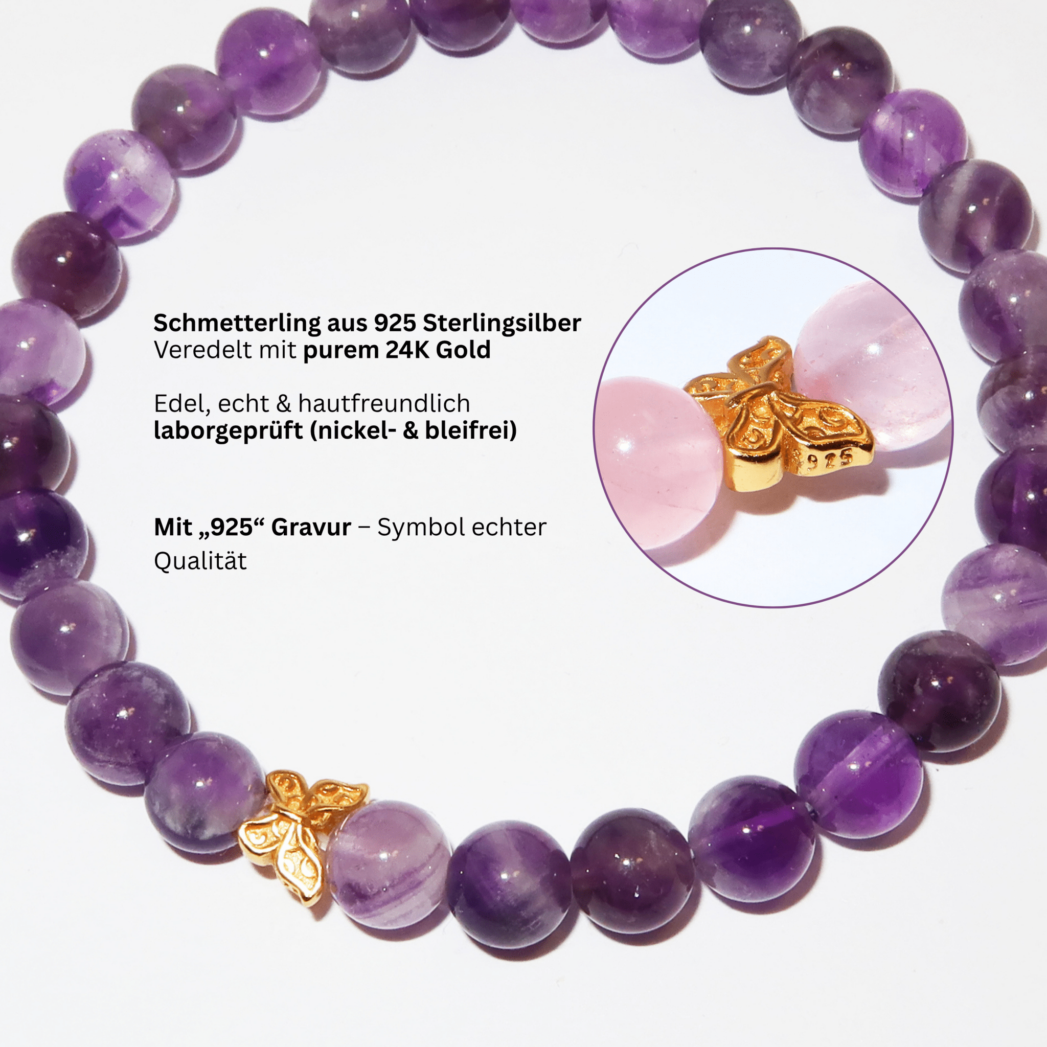 Elegantes Amethyst und 24K Vergoldeter Silber - Schmetterling Armband für Damen - stilvoll & kraftvoll - YuCharm