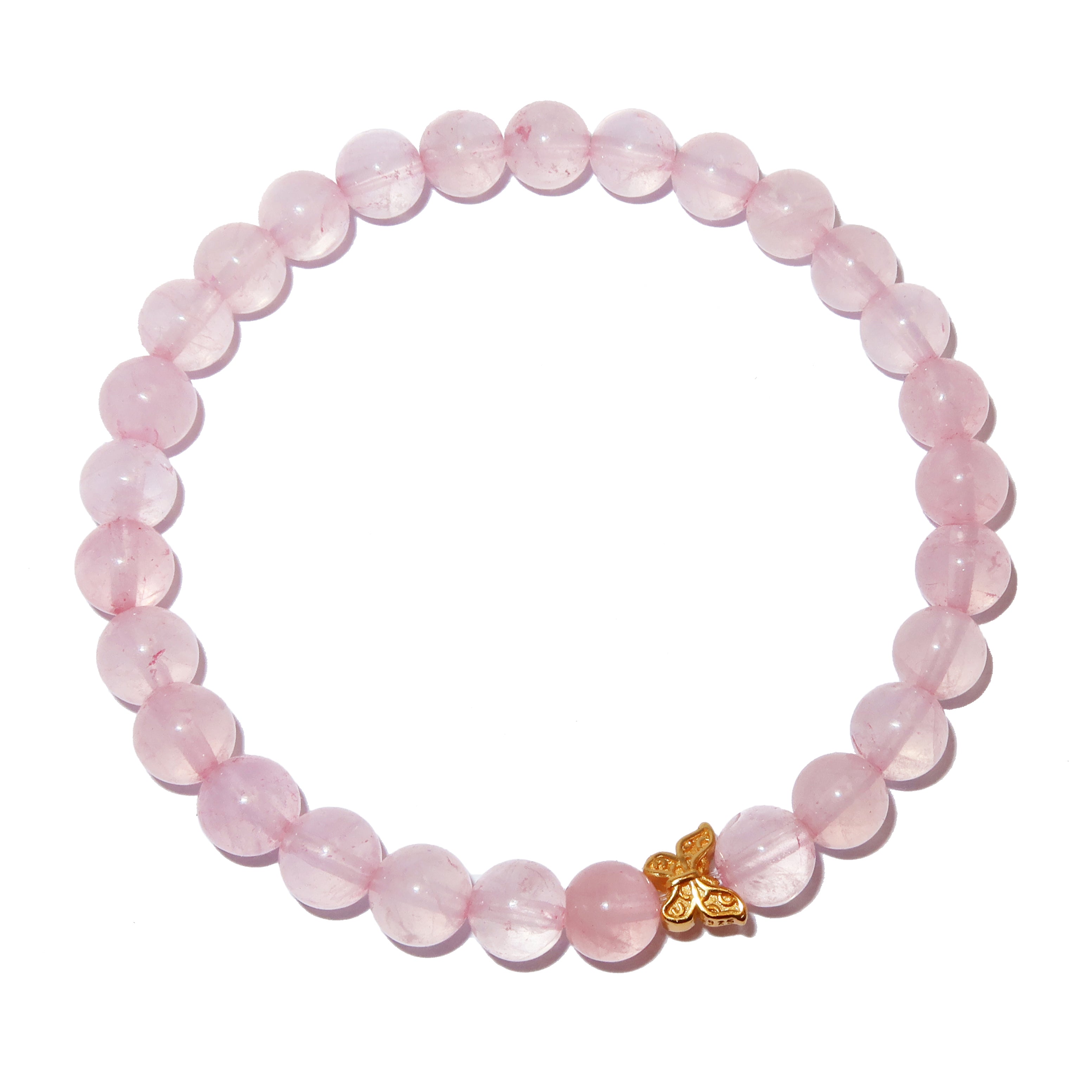 Rosenquarz-Armband mit 24K vergoldetem Schmetterling aus Silber