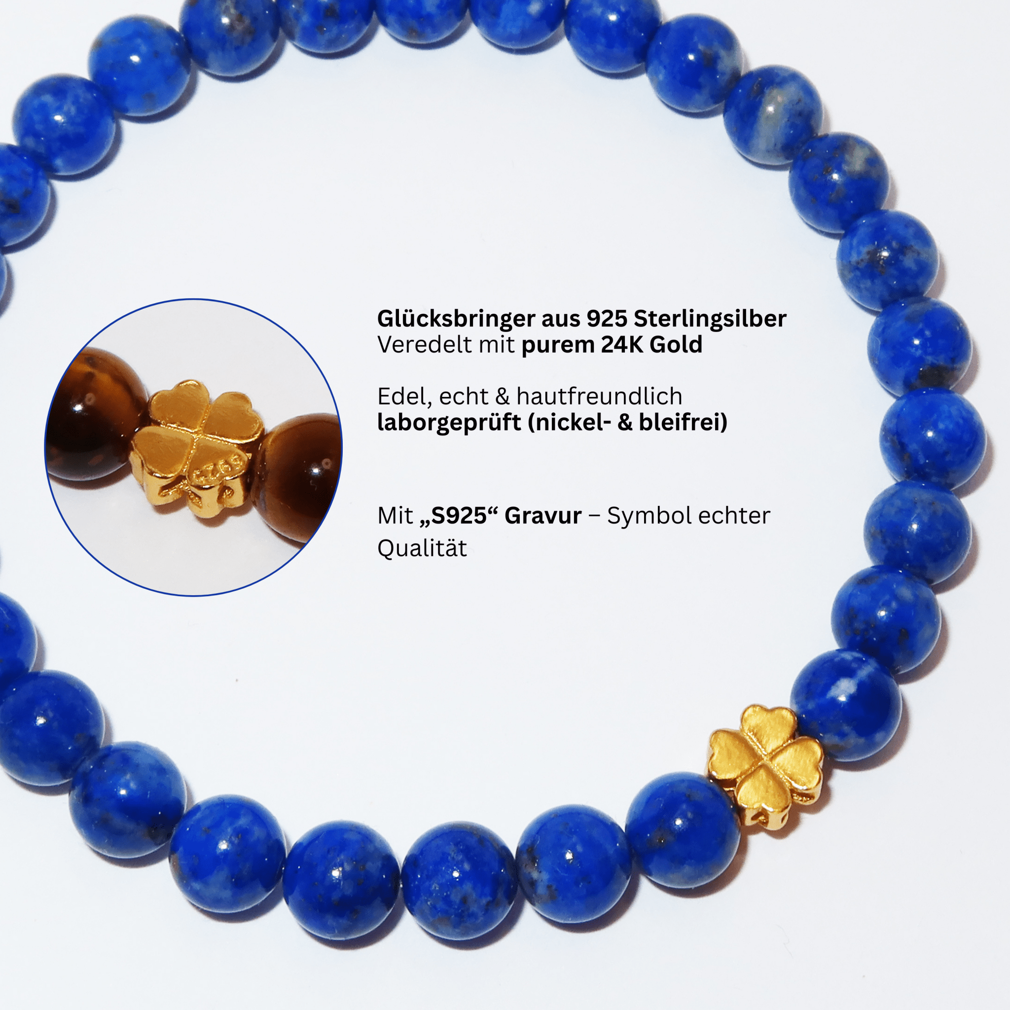 Elegantes Lapis Lazuli und 24K Vergoldetes Silber - Kleeblatt Armband für Damen - stilvoll & kraftvoll - YuCharm