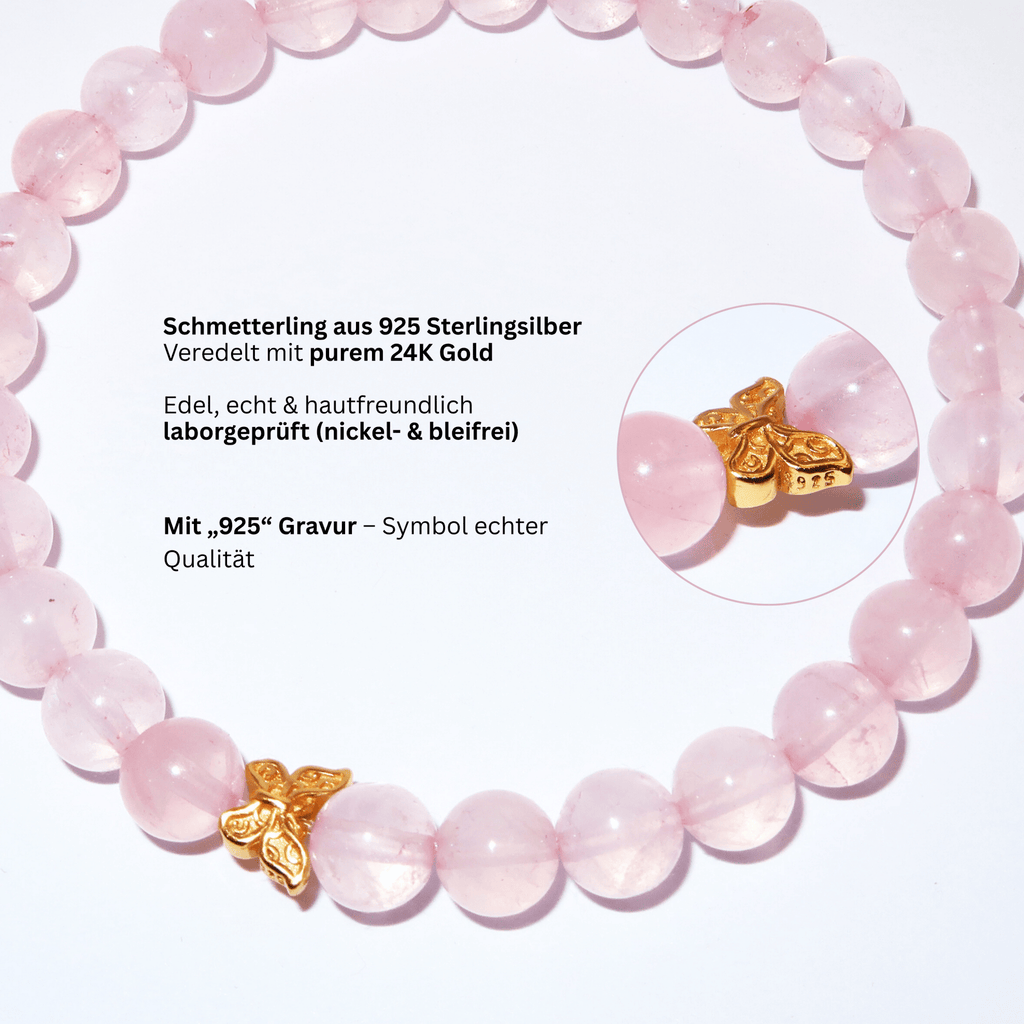 Elegantes Rosenquarz und 24K Vergoldeter Silber - Schmetterling Armband für Damen - stilvoll & kraftvoll - YuCharm
