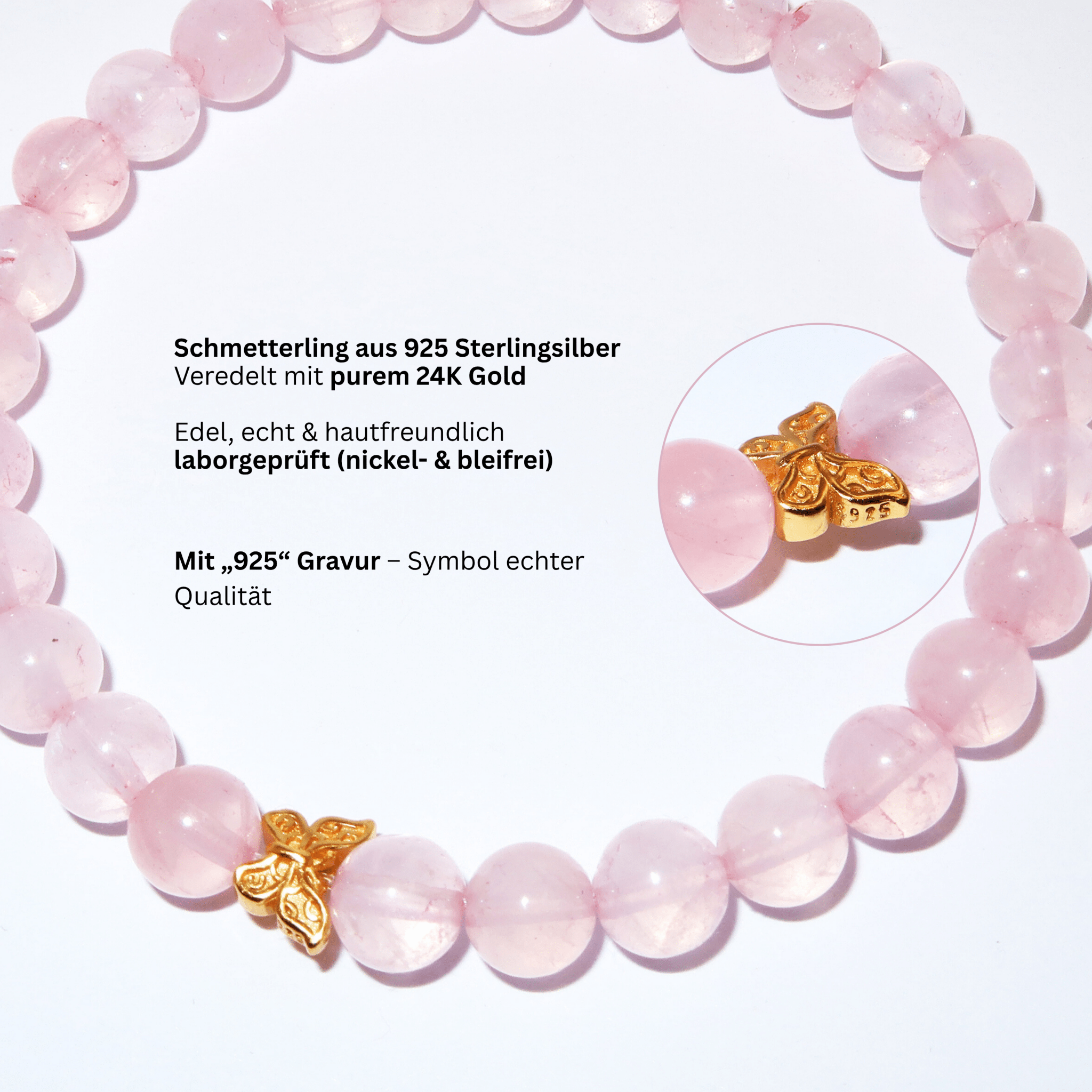 Elegantes Rosenquarz und 24K Vergoldeter Silber - Schmetterling Armband für Damen - stilvoll & kraftvoll - YuCharm
