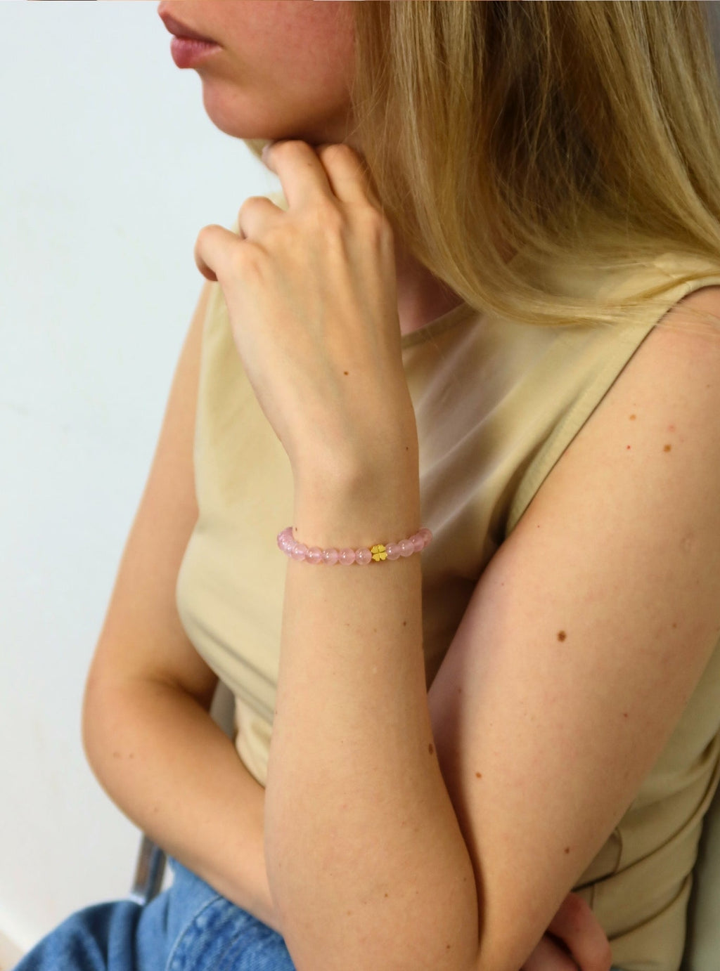 Elegantes Rosenquarz und 24K Vergoldetes Silber - Kleeblatt Armband für Damen - stilvoll & kraftvoll - YUCHARM