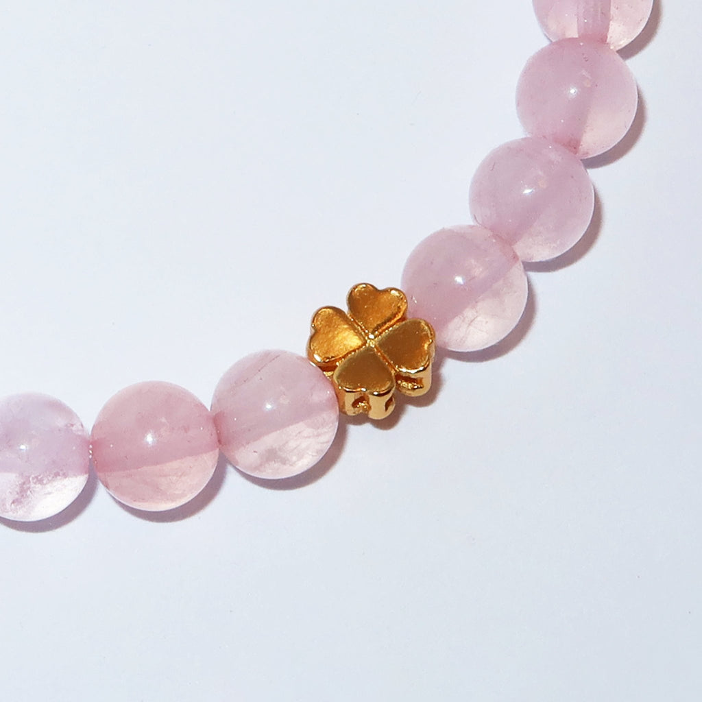 Elegantes Rosenquarz und 24K Vergoldetes Silber - Kleeblatt Armband für Damen - stilvoll & kraftvoll - YuCharm