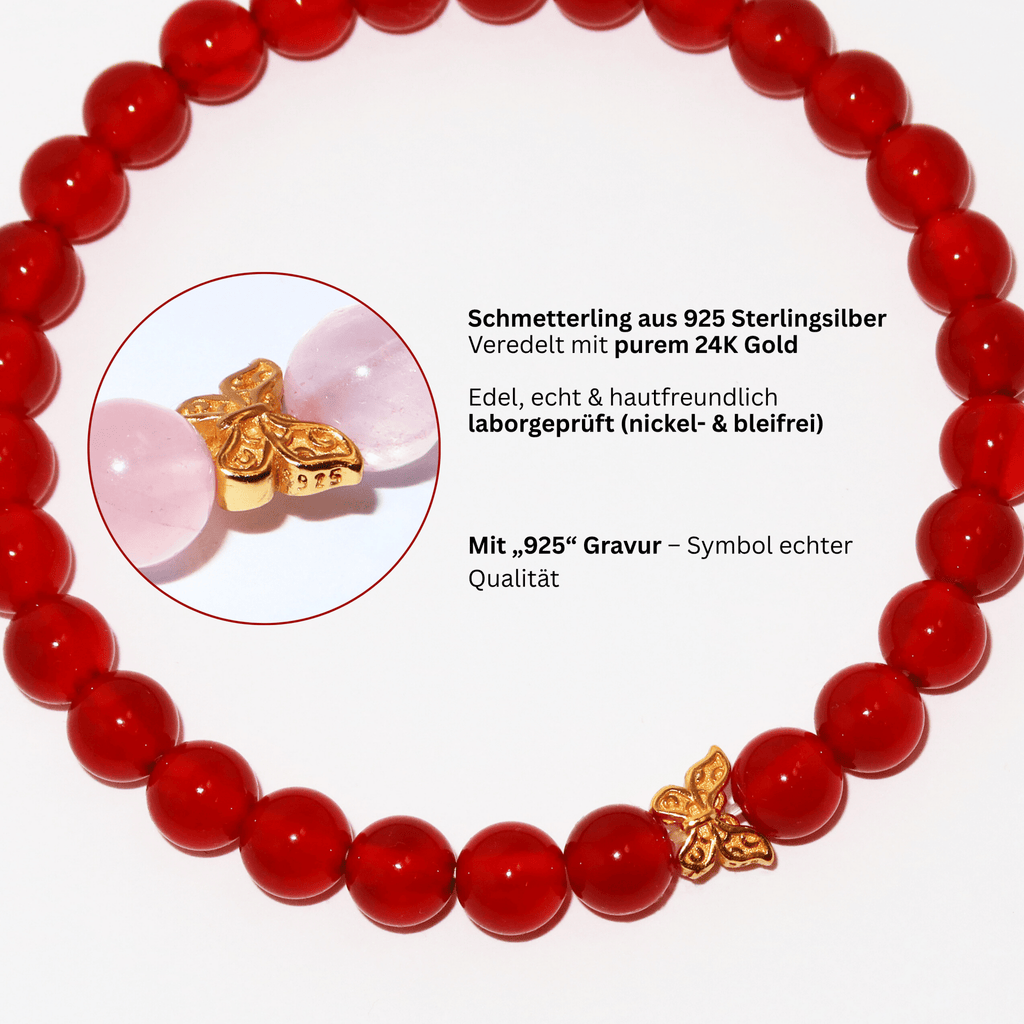 Elegantes Roter Achat und 24K Vergoldeter Silber - Schmetterling Armband für Damen - stilvoll & kraftvoll - YuCharm