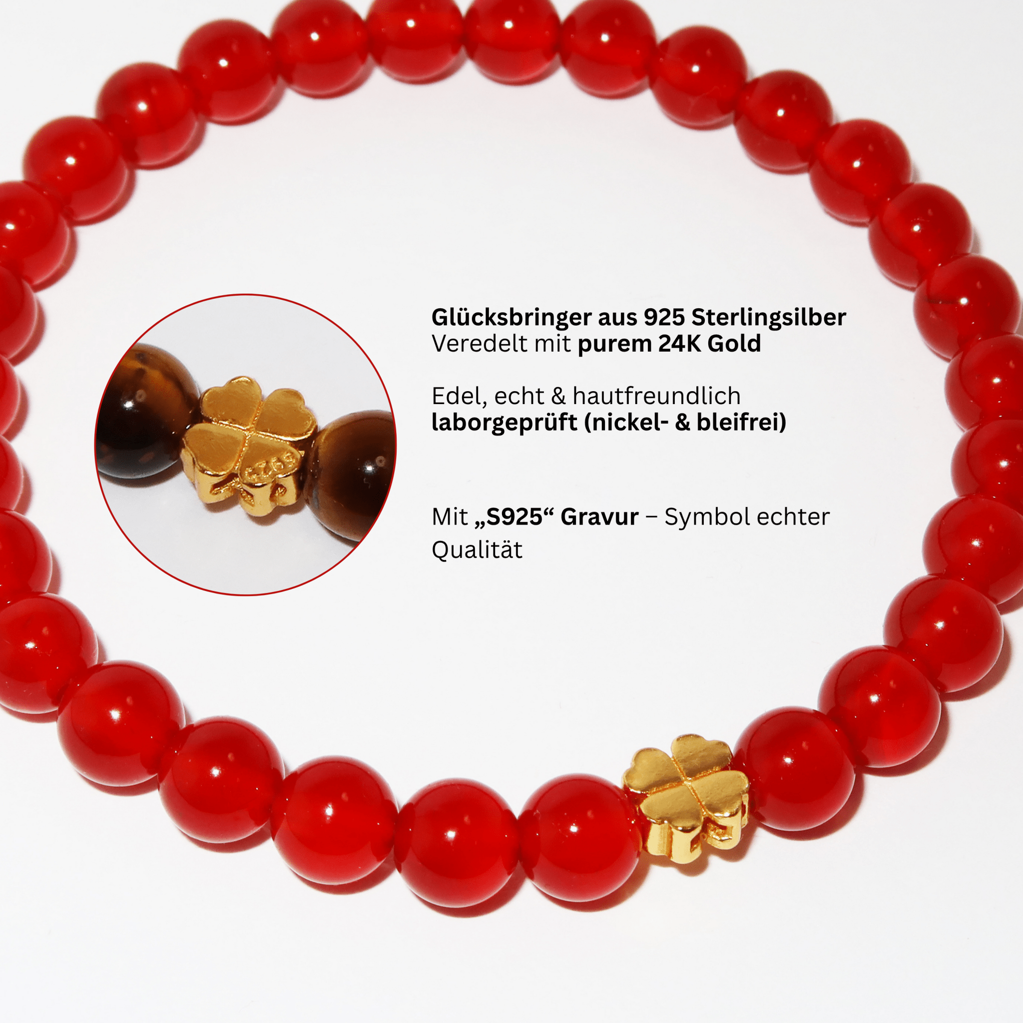 Elegantes Roter Achat und 24K Vergoldetes Silber - Kleeblatt Armband für Damen - stilvoll & kraftvoll - YuCharm