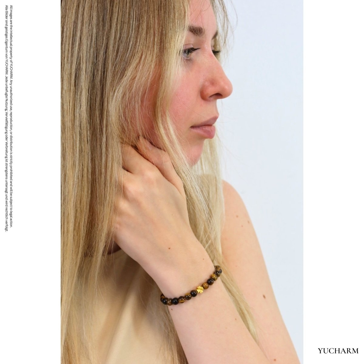 Elegantes Tigerauge und 24K Vergoldetes Silber - Kleeblatt Armband für Damen - stilvoll & kraftvoll - YUCHARM
