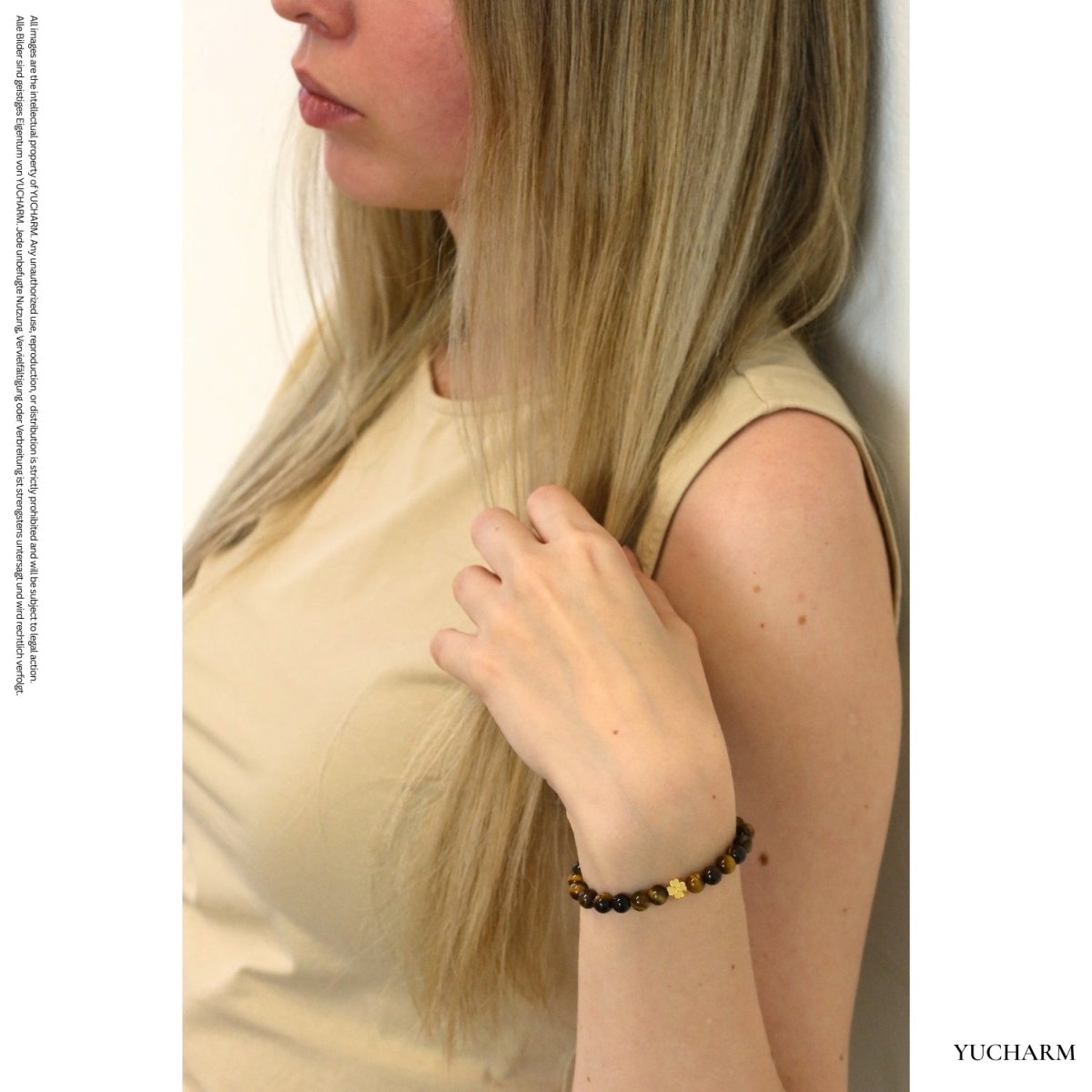 Elegantes Tigerauge und 24K Vergoldetes Silber - Kleeblatt Armband für Damen - stilvoll & kraftvoll - YUCHARM