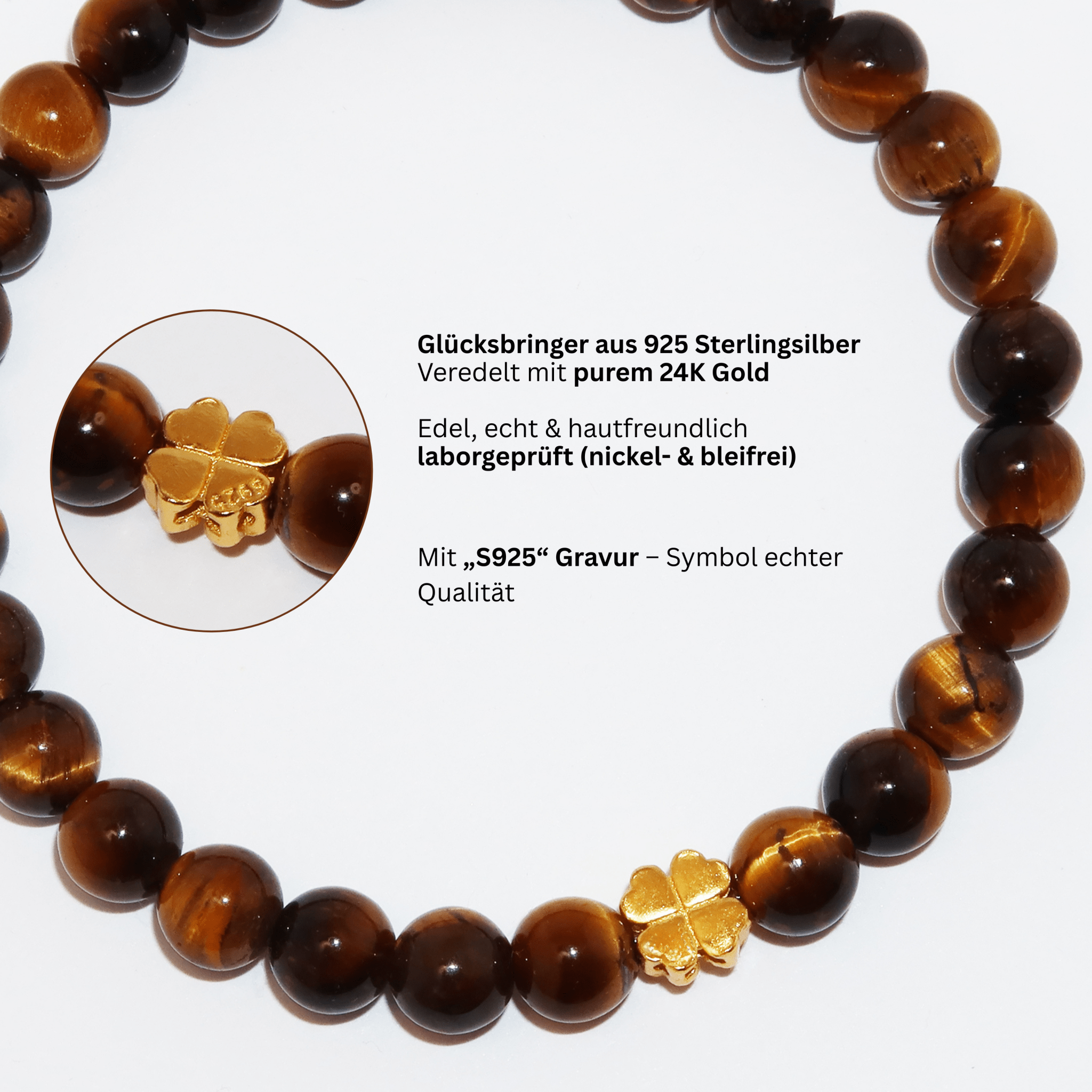 Elegantes Tigerauge und 24K Vergoldetes Silber - Kleeblatt Armband für Damen - stilvoll & kraftvoll - YuCharm