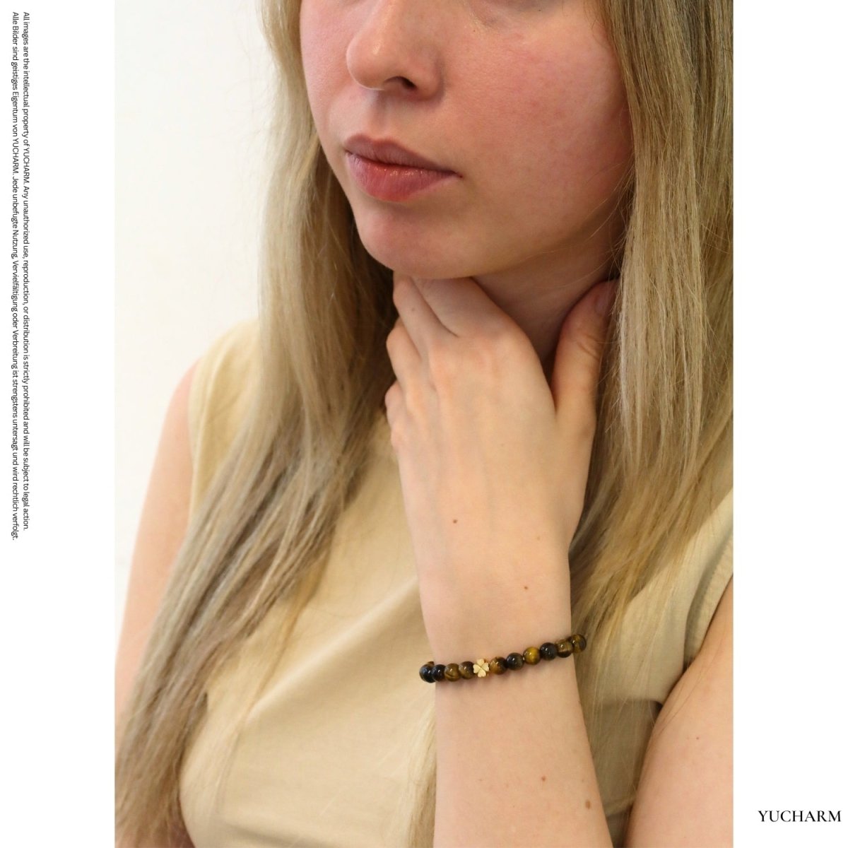 Elegantes Tigerauge und 24K Vergoldetes Silber - Kleeblatt Armband für Damen - stilvoll & kraftvoll - YUCHARM