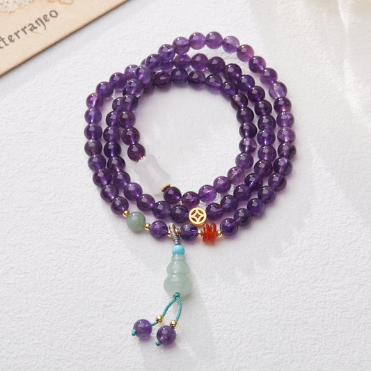 Neues natürliches 6-mm-Amethyst-Armband im chinesischen Stil für Frauen, Kürbis-Münze-Glücks-Kristall-Armband für Freundinnen, Großhandelsgeschenk