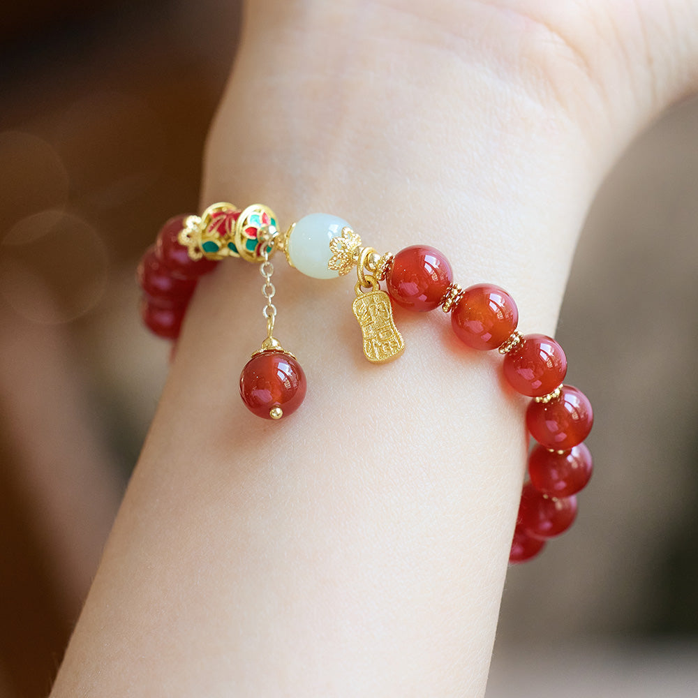 Natürliches rotes Achat-Armband für Frauen, kleine Taille aus Hetian-Jade, Glücksarmband, Akazienbohne, chinesisches Valentinstagsgeschenk