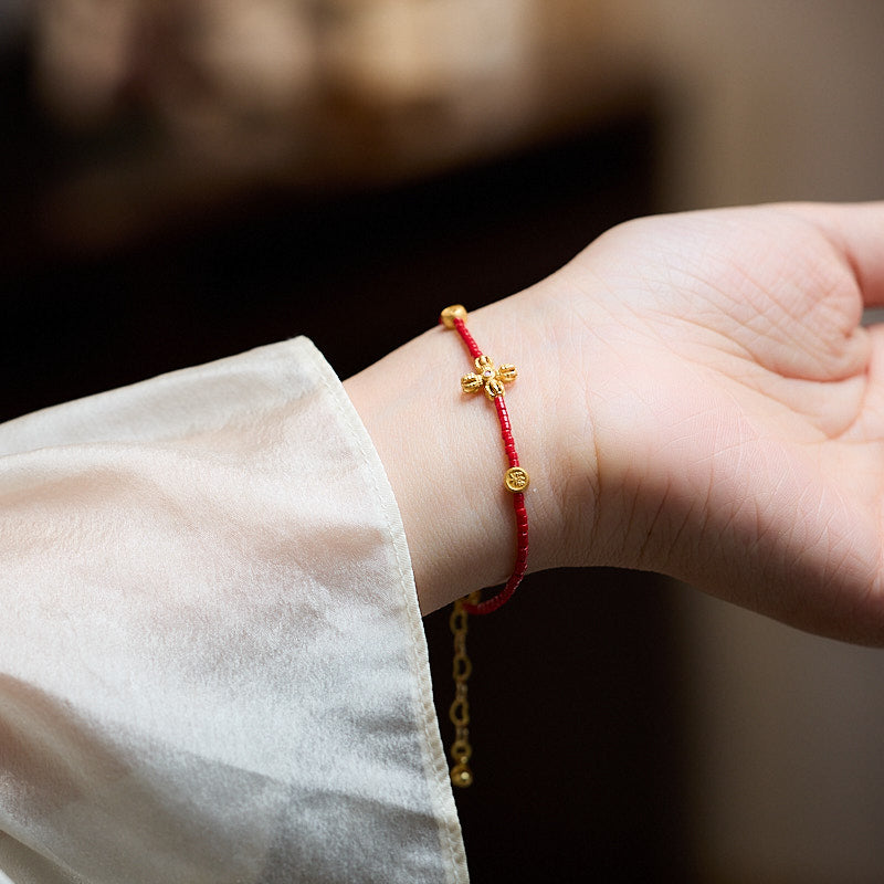 [Vierblättriges Kleeblatt] 925er Silber vergoldetes Vajra Joy rotes Glasarmband 2025 Jahr der Schlange Vajra-Armband für Frauen Neues, hochwertiges Armband im chinesischen Stil, rotes Sternzeichen-Jahr, glasiertes Armband