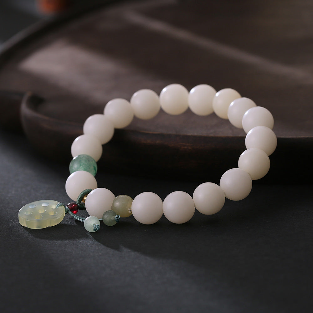 10 mm runde Perlen, Lotuswurzel, Tiancheng-Lotuswurzelscheiben-Stil Xiaohongshus beliebtes natürliches Bodhi-Armband aus weißer Hainan-Jade, Glücksbringer, Pfirsich-Sicherheitsschnalle, DIY-Design-Armband im Großhandel